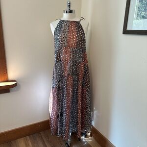 Anthropologie Brown Floral Tassel Tie Back Cutout Dress Size M